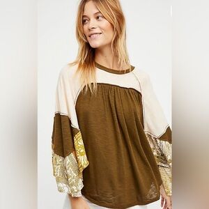 We The Free Free People Olive and Cream Friday Fever Bohemian Blouse Sz S